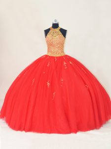 Red Sleeveless Floor Length Beading and Appliques Lace Up Quinceanera Dress