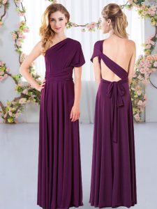 Glittering Dark Purple Chiffon Criss Cross One Shoulder Sleeveless Floor Length Damas Dress Ruching