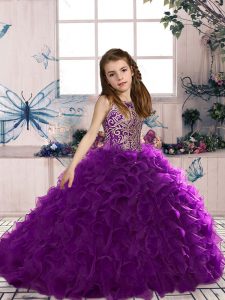 Eggplant Purple Scoop Neckline Beading and Ruffles Kids Pageant Dress Sleeveless Lace Up