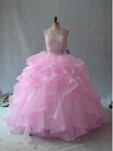 Traditional Pink Scoop Backless Beading and Ruffles 15 Quinceanera Dress Sleeveless