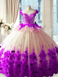Delicate White And Purple Tulle Zipper Scoop Sleeveless Ball Gown Prom Dress Brush Train Hand Made Flower