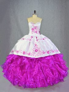 Fuchsia Ball Gowns Sweetheart Sleeveless Organza Brush Train Lace Up Beading and Embroidery and Ruffles Vestidos de Quinceanera