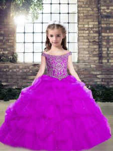 Dazzling Purple Off The Shoulder Neckline Beading and Ruffles Kids Formal Wear Sleeveless Lace Up