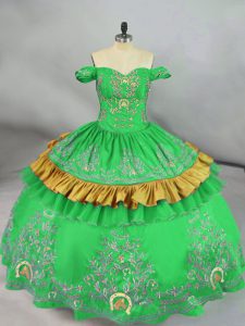 Custom Design Embroidery Quinceanera Gowns Green Lace Up Sleeveless Floor Length