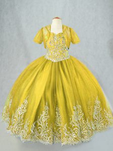 Olive Green Ball Gowns Beading and Embroidery Little Girls Pageant Dress Lace Up Tulle Sleeveless Floor Length