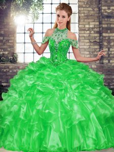 Ball Gowns 15 Quinceanera Dress Green Halter Top Organza Sleeveless Floor Length Lace Up