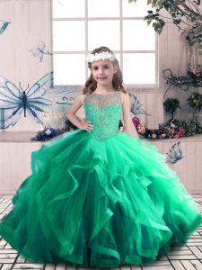 Floor Length Green Child Pageant Dress Scoop Sleeveless Lace Up