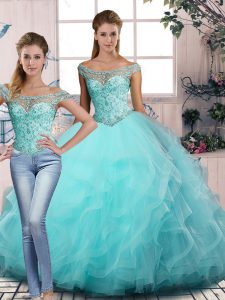 Floor Length Aqua Blue Quinceanera Gown Off The Shoulder Sleeveless Lace Up