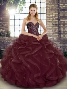 Great Burgundy Tulle Lace Up Sweetheart Sleeveless Floor Length 15 Quinceanera Dress Beading and Ruffles