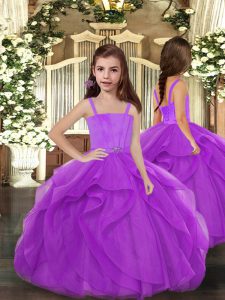 Purple Straps Neckline Ruffles Kids Pageant Dress Sleeveless Lace Up