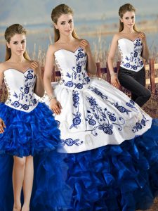 Blue And White Sweetheart Lace Up Embroidery and Ruffles Sweet 16 Dress Sleeveless