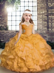Graceful Gold Ball Gowns Straps Sleeveless Organza Floor Length Lace Up Beading and Ruffles Glitz Pageant Dress