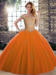 Sleeveless Floor Length Beading Lace Up Quince Ball Gowns with Orange Red
