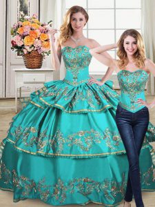 Fantastic Aqua Blue Sweetheart Neckline Embroidery and Ruffled Layers Quinceanera Gown Sleeveless Lace Up