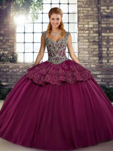Ball Gowns Vestidos de Quinceanera Fuchsia Straps Tulle Sleeveless Floor Length Lace Up