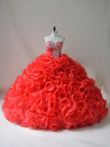 Amazing Red Fabric With Rolling Flowers Lace Up Sweetheart Sleeveless Ball Gown Prom Dress Court Train Beading and Ruffles