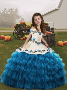 Gorgeous Blue Organza Lace Up Straps Sleeveless Floor Length Little Girls Pageant Gowns Embroidery and Ruffled Layers