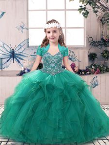 Lovely Floor Length Side Zipper Child Pageant Dress Turquoise for Party and Sweet 16 and Wedding Party with Beading