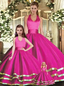 Sleeveless Organza Lace Up Quinceanera Dress in Fuchsia with Ruffled Layers