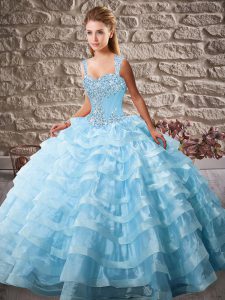 Best Selling Blue 15 Quinceanera Dress Sweet 16 and Quinceanera with Beading and Ruffled Layers Straps Sleeveless Court Train Lace Up