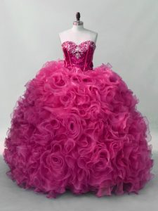 Sophisticated Ruffles and Sequins Vestidos de Quinceanera Hot Pink Lace Up Sleeveless Floor Length