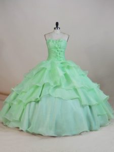 Apple Green Lace Up Sweet 16 Dresses Ruffled Layers and Ruching and Hand Made Flower Sleeveless Floor Length