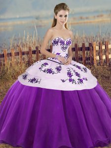 Luxurious White And Purple Lace Up Quinceanera Dress Embroidery and Bowknot Sleeveless Floor Length