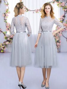 High End Half Sleeves Tulle Tea Length Zipper Vestidos de Damas in Grey with Lace and Belt