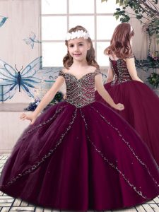 Straps Sleeveless Lace Up Little Girls Pageant Gowns Burgundy Tulle