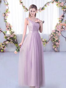 Custom Design Tulle V-neck Sleeveless Side Zipper Lace and Belt Damas Dress in Lavender