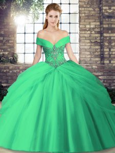 Customized Off The Shoulder Sleeveless Tulle Quinceanera Gown Beading and Pick Ups Brush Train Lace Up