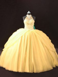 Shining Gold Ball Gowns Tulle Halter Top Sleeveless Beading and Pick Ups Floor Length Lace Up Quince Ball Gowns