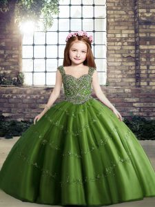 Cute Sleeveless Tulle Floor Length Lace Up Kids Pageant Dress in Green with Beading