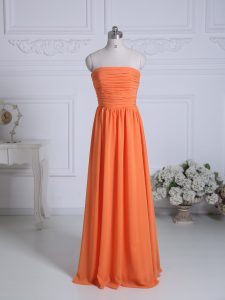 Sleeveless Floor Length Ruching Zipper Quinceanera Court of Honor Dress with Orange