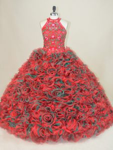 Stunning Multi-color Halter Top Lace Up Embroidery Quinceanera Dresses Brush Train Sleeveless