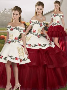 Top Selling Tulle Off The Shoulder Sleeveless Brush Train Lace Up Embroidery and Ruffled Layers Quinceanera Dress in Wine Red