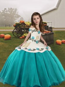 Simple Aqua Blue Straps Neckline Embroidery Pageant Dress for Teens Sleeveless Lace Up