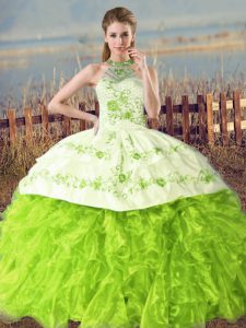 Pretty Ball Gowns Halter Top Sleeveless Organza Floor Length Court Train Lace Up Embroidery and Ruffles Party Dresses