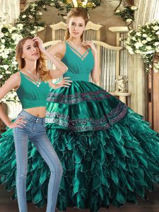Turquoise V-neck Neckline Appliques and Ruffles 15th Birthday Dress Sleeveless Backless