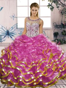 Fuchsia Sleeveless Beading and Ruffles Floor Length Quinceanera Dress