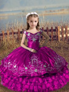 Fuchsia Off The Shoulder Lace Up Embroidery and Ruffled Layers Little Girls Pageant Dress Wholesale Sleeveless