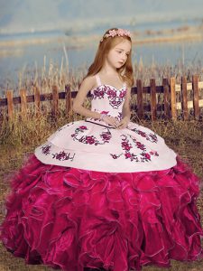 Floor Length Ball Gowns Sleeveless Hot Pink Little Girl Pageant Gowns Lace Up