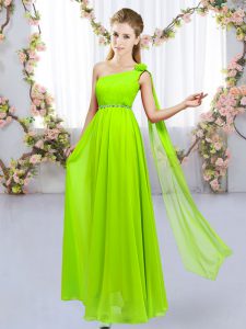 Fine Yellow Green Lace Up Dama Dress Beading and Hand Made Flower Sleeveless Floor Length