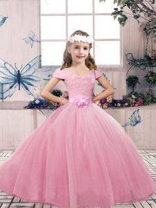 Elegant Floor Length Pink Girls Pageant Dresses Tulle Sleeveless Lace and Bowknot