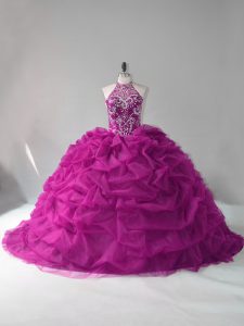 Sumptuous Fuchsia Quince Ball Gowns Halter Top Sleeveless Lace Up