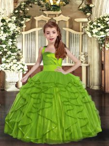 Sleeveless Tulle Floor Length Lace Up Little Girls Pageant Dress in Olive Green with Ruffles