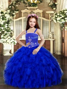 Eye-catching Floor Length Royal Blue Little Girl Pageant Dress Tulle Sleeveless Beading and Ruffles