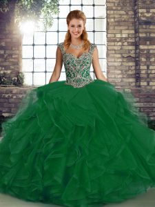 Green Sleeveless Tulle Lace Up Quinceanera Dresses for Military Ball and Sweet 16 and Quinceanera