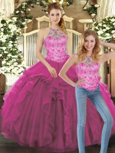 Tulle Halter Top Sleeveless Lace Up Beading and Ruffles 15th Birthday Dress in Fuchsia