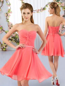 Edgy Sleeveless Chiffon Mini Length Lace Up Quinceanera Court Dresses in Watermelon Red with Ruching